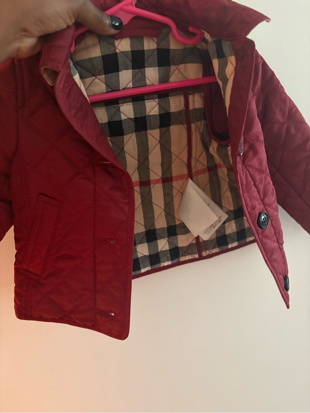Burberry Kids Burgundy Quilted Puffer Jacket with Signature Check Lining